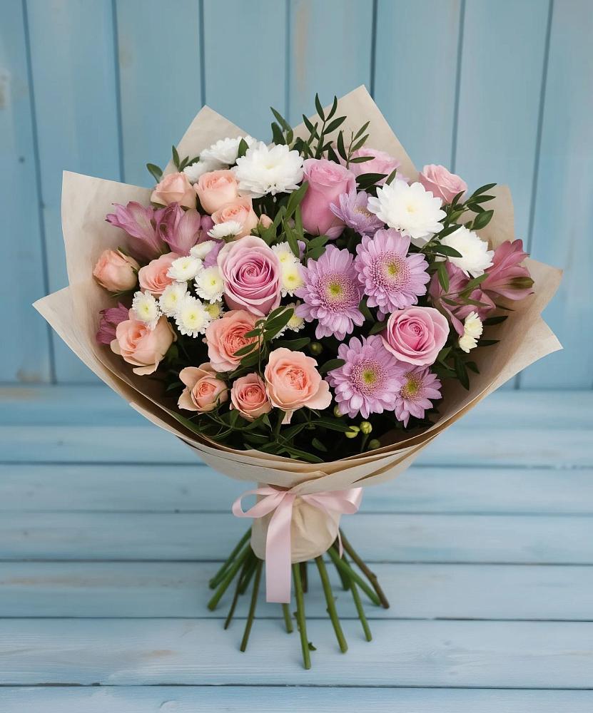 Букет цветов из: Хризантемы, Розы и Альстромерии в Солнечногорске