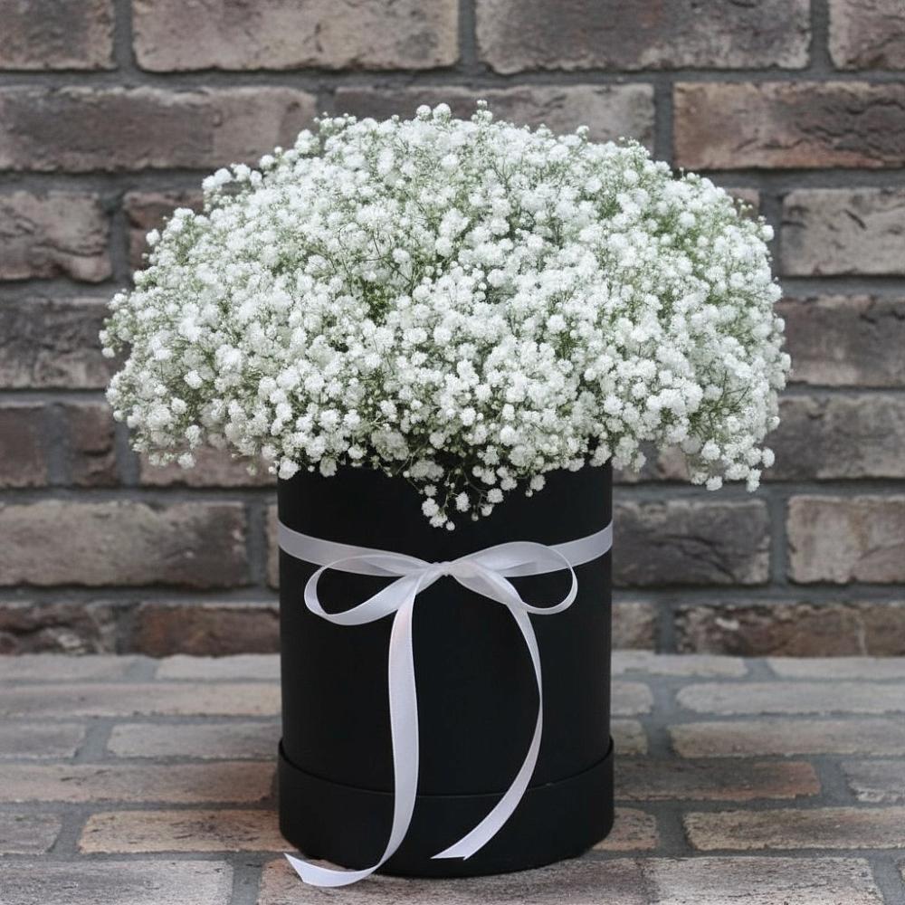 Цветочная композиция из Гипсофила в шляпной коробке в Солнечногорске